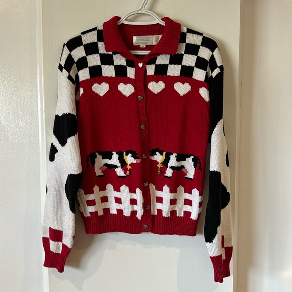 ADORABLE cottage core cow and bell sweater! Bells ring! - Picture 1 of 7